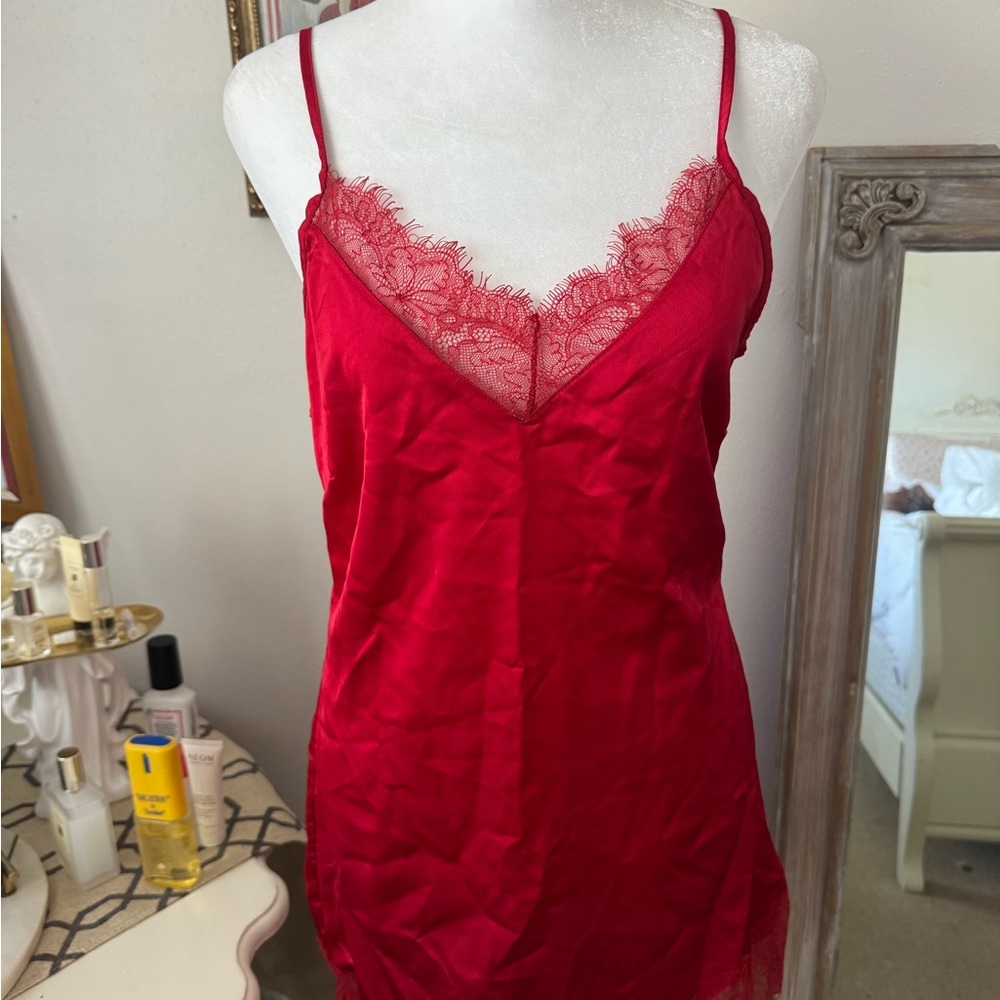 Lovers + Friends Red Satin Lace-Trim Slip Dress